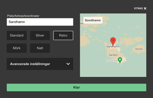 Dialogboks for å endre kartmodulen